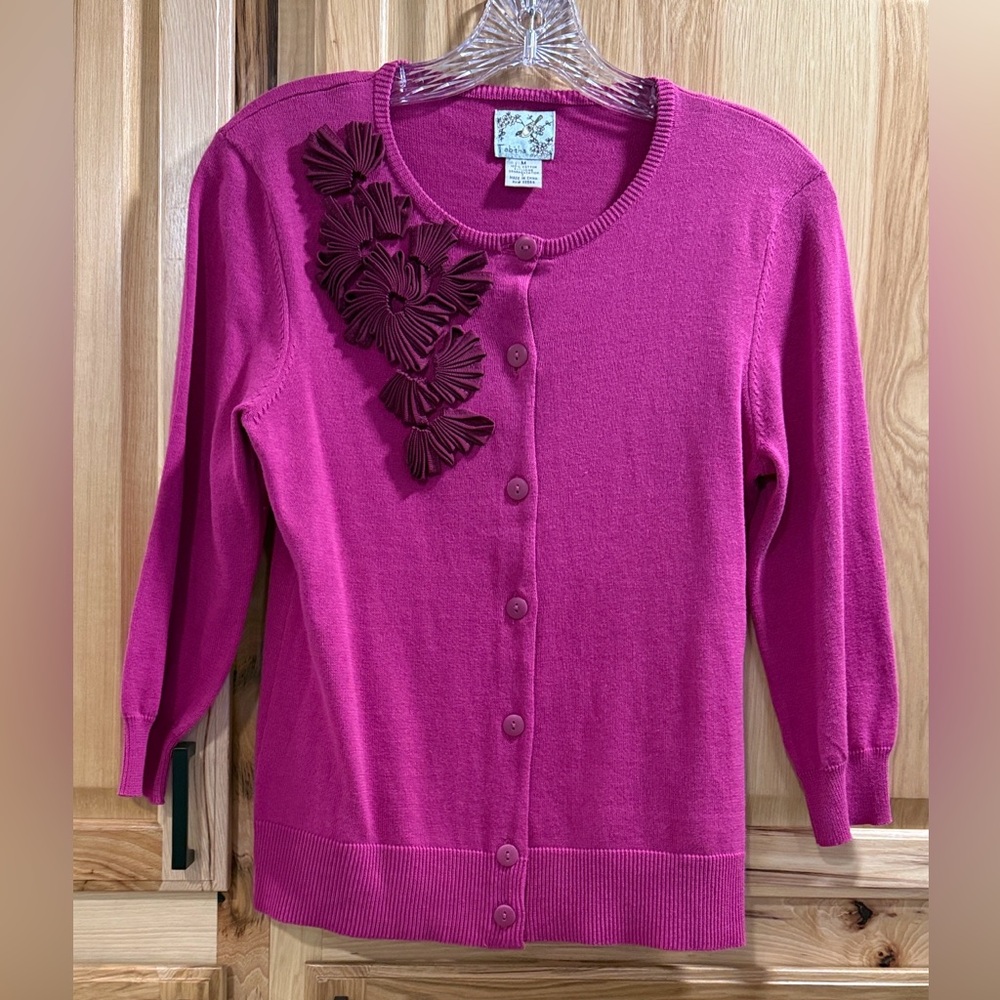 Tabitha Fuchsia 3/4 Sleeve Cotton Cardigan with Floral Appliqué Accents Size M